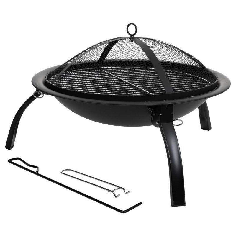 BLACK STELL FIRE PIT WITH 3 FOLDABLE LEGS AND COOKING GRILL