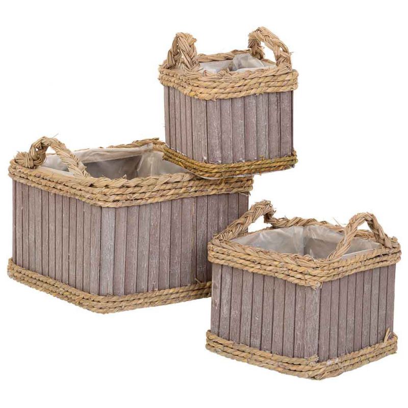 BASKETS SET 3 PIECES SQUARE WOODEN WITH HANDLES GRAY