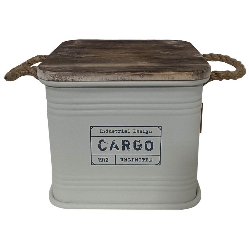 SQUARE METAL BOX, WOODEN LID AND GRAY PRINTED ROPE HANDLES