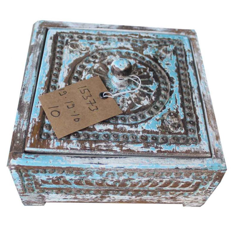 CARVED WOODEN BOX ARTISAN AGED BLUE FINISH