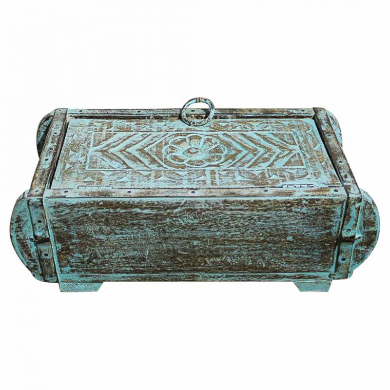 CARVED WOODEN BOX ARTISAN AGED BLUE FINISH