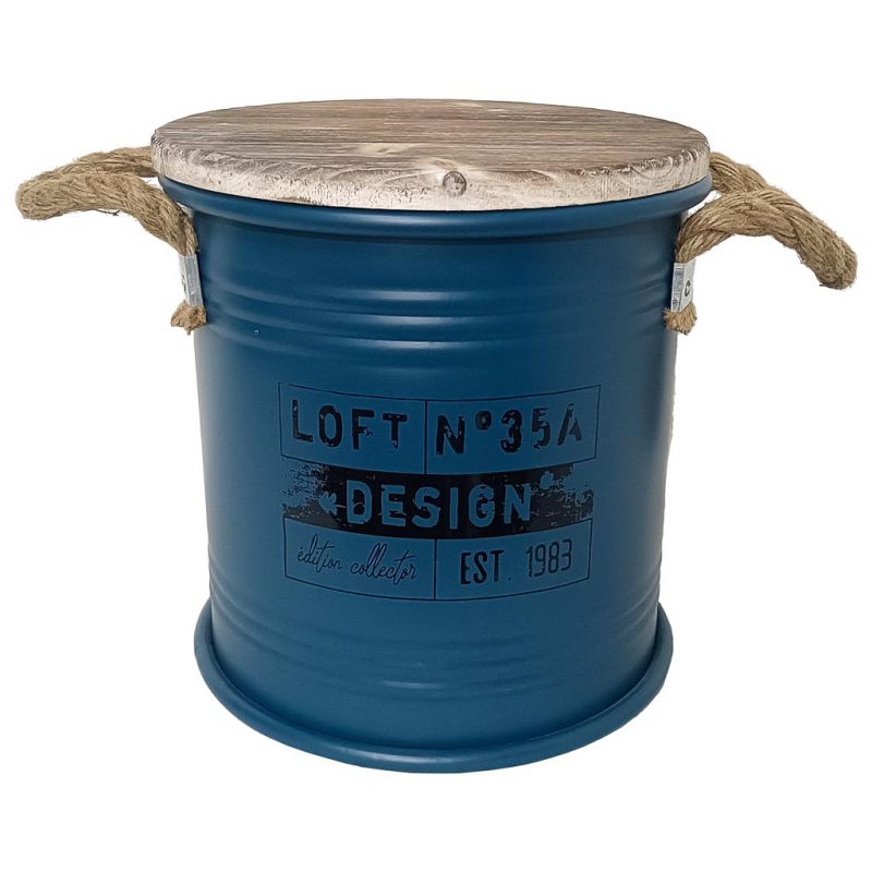 ROUND METAL BOX, WOODEN LID AND BLUE PRINTED ROPE HANDLES