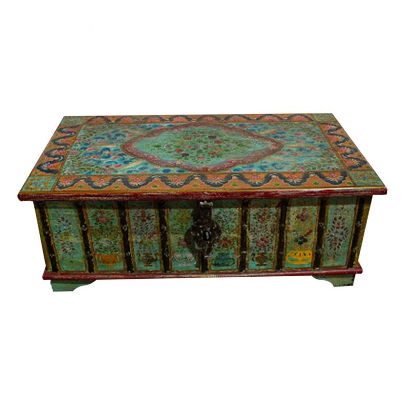 RED HANDMADE PAINTED WOODEN TRUNK