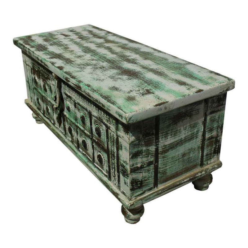 WOODEN TRUNK WITH ARTISAN AGED GREEN FINISH