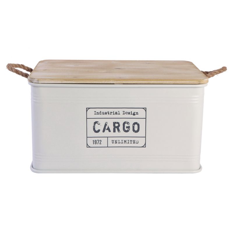 METAL TRUNK, WOODEN LID AND WHITE PRINTED ROPE HANDLES
