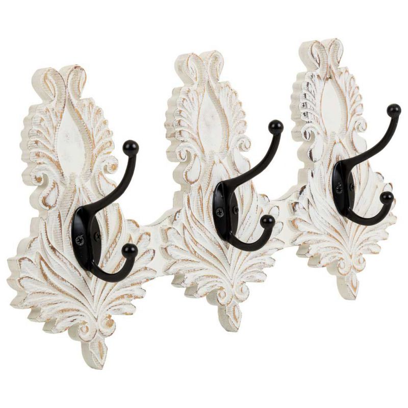 WALL HANGER IN CARVED WOOD WITH 3 WHITE HOOKS