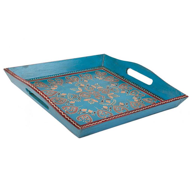 BLUE WOODEN TRAY HAND PAINTED WITH HANDLES