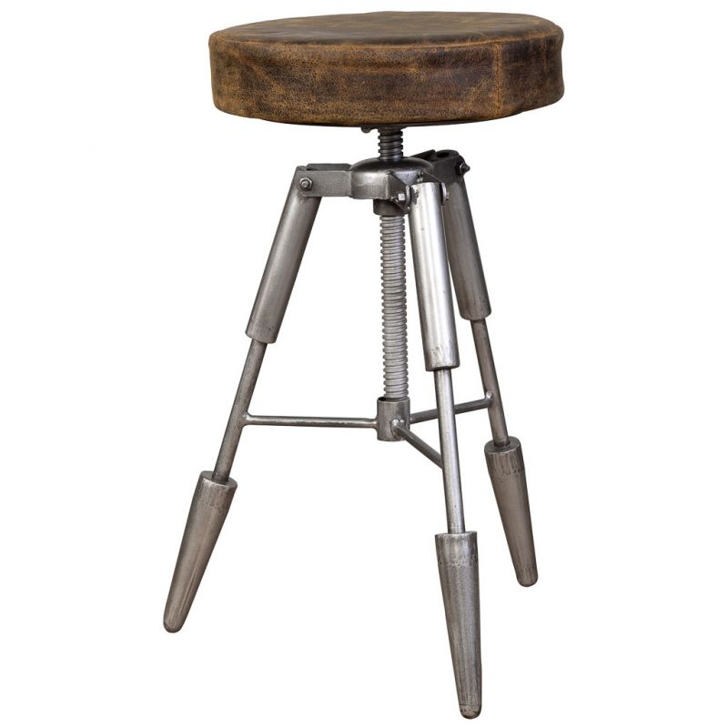BROWN METAL AND LEATHER STOOL