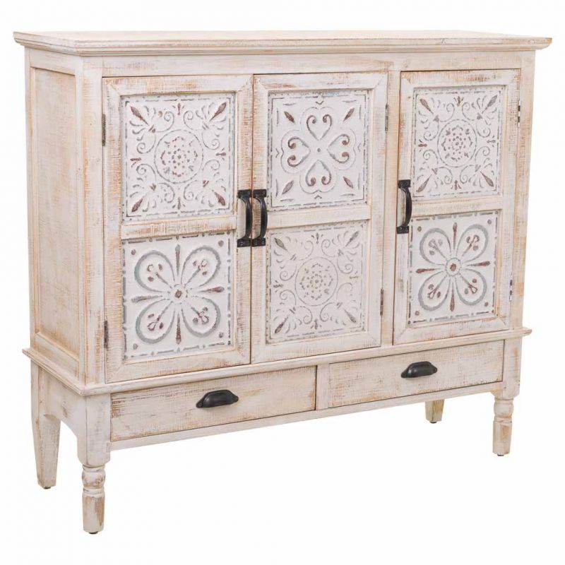 WHITE WOOD CABINET OF 3 DOORS AND 2 DRAWERS