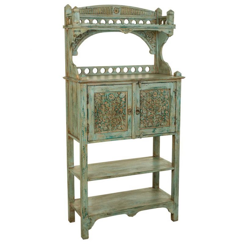 BLUE ARTSANAL WOODEN SIDEBOARD WITH 2 CARVED DOORS AND 2 SHELVES