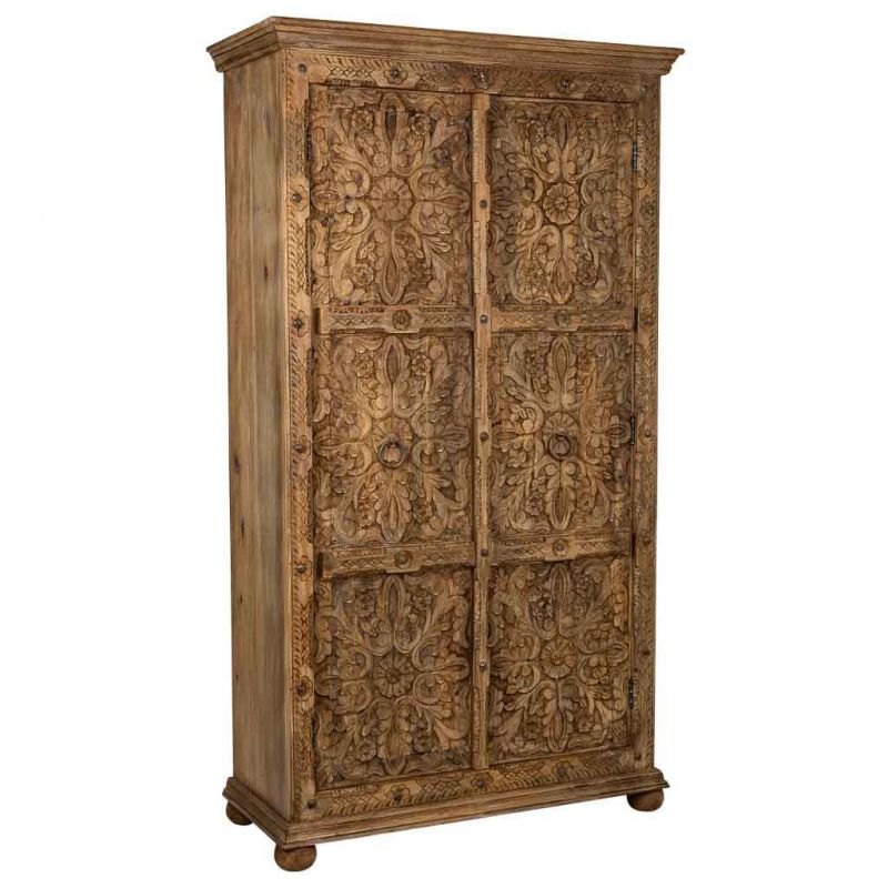 BROWN ARTESANAL WOODEN CABINET WITH 2 CARVED DOORS