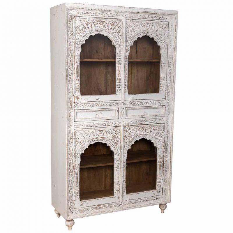 HANDMADE FINISHED WOOD AND GLASS DISPLAY CABINET WITH 2 DRAWERS AND 4 DOORS WHITE