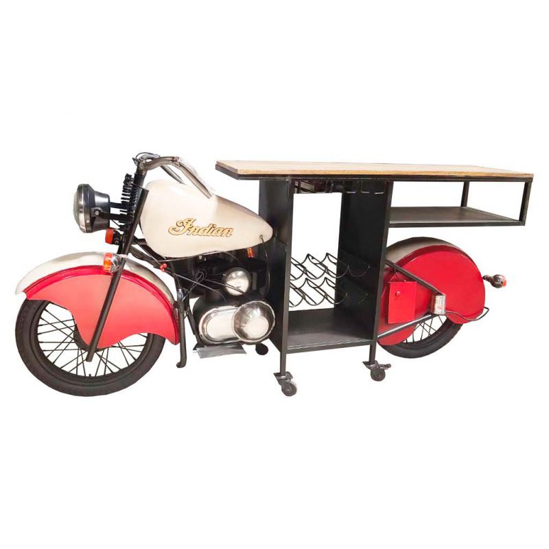 WOOD AND METAL MOTORCYCLE BOTTLE BAR WITH RED HANDMADE FINISH