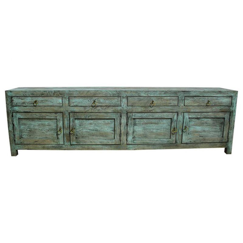 WOODEN SIDEBOARD WITH 4 DOORS AND 4 DRAWERS ARTISAN AGED GREEN FINISH