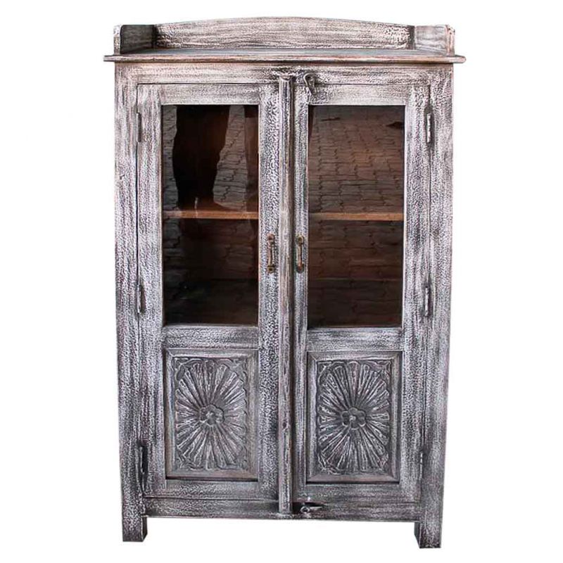 WOODEN DISPLAY CABINET WITH 2 DOORS, ARTISAN ANTIQUE BROWN FINISH