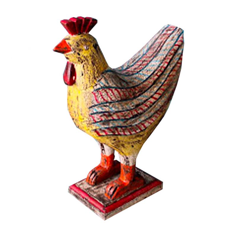 ARTISAN PAINTED WOODEN DECO ROOSTER AGED YELLOW