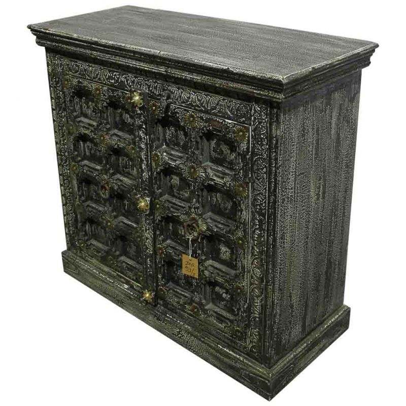 CARVED WOODEN SIDEBOARD WITH ARTISAN AGED GRAY FINISH