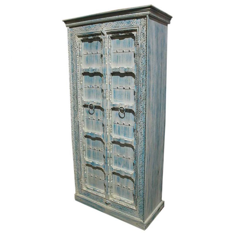 CARVED WOODEN CABINET ARTISAN AGED BLUE FINISH