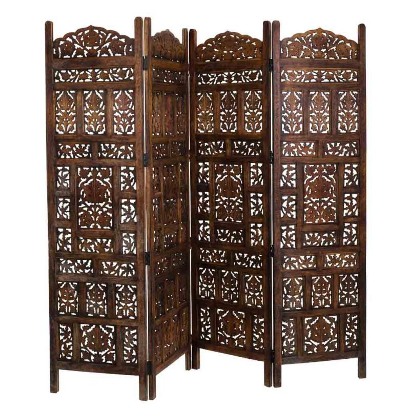 Paraban de 4 paneles de madera tallada acabado artesanal marron