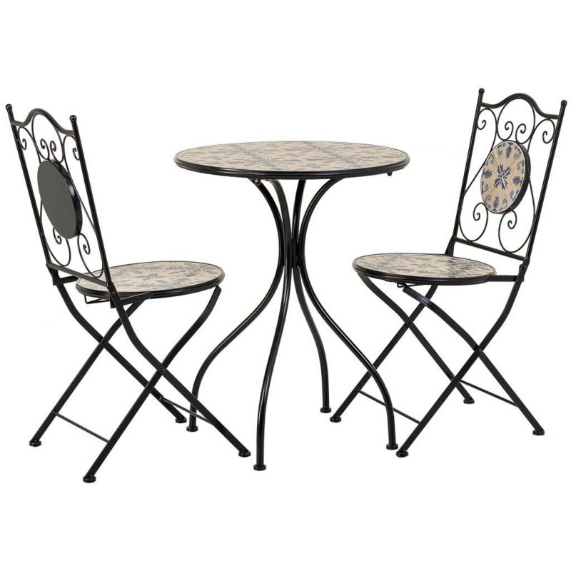 Conjunto mesa y dos sillas de mosaico y forja negro