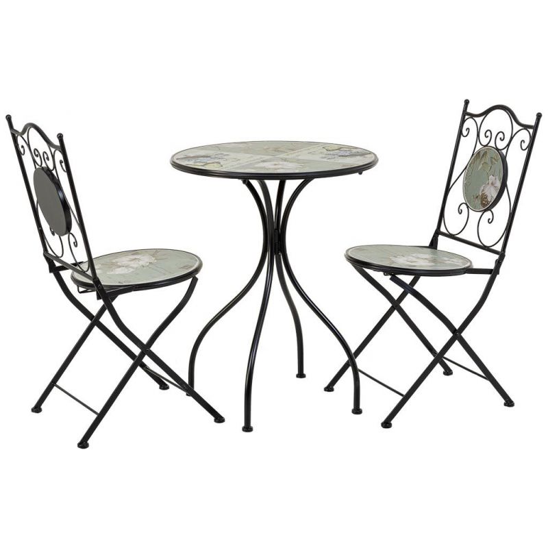 Conjunto mesa y dos sillas de mosaico y forja blanco