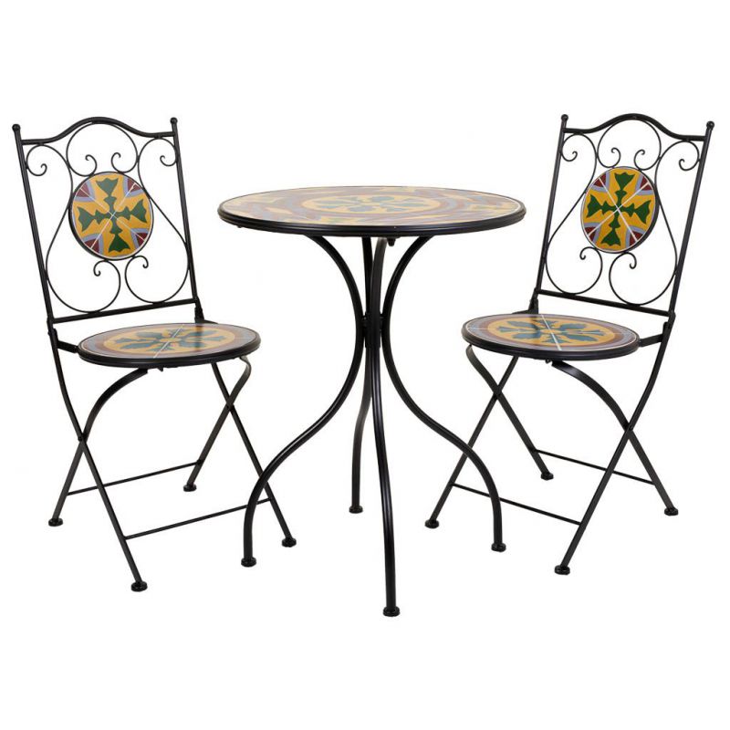 Conjunto de mesa y dos sillas de forja y mosaico