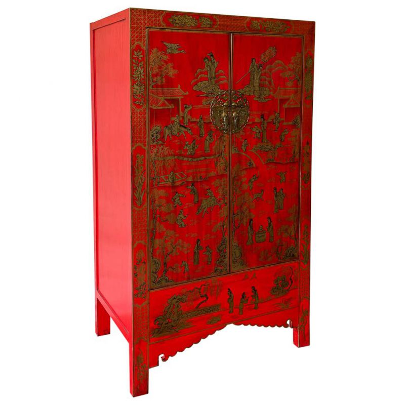 Armario de madera pintado a mano acabado artesanal de 2 puertas rojo