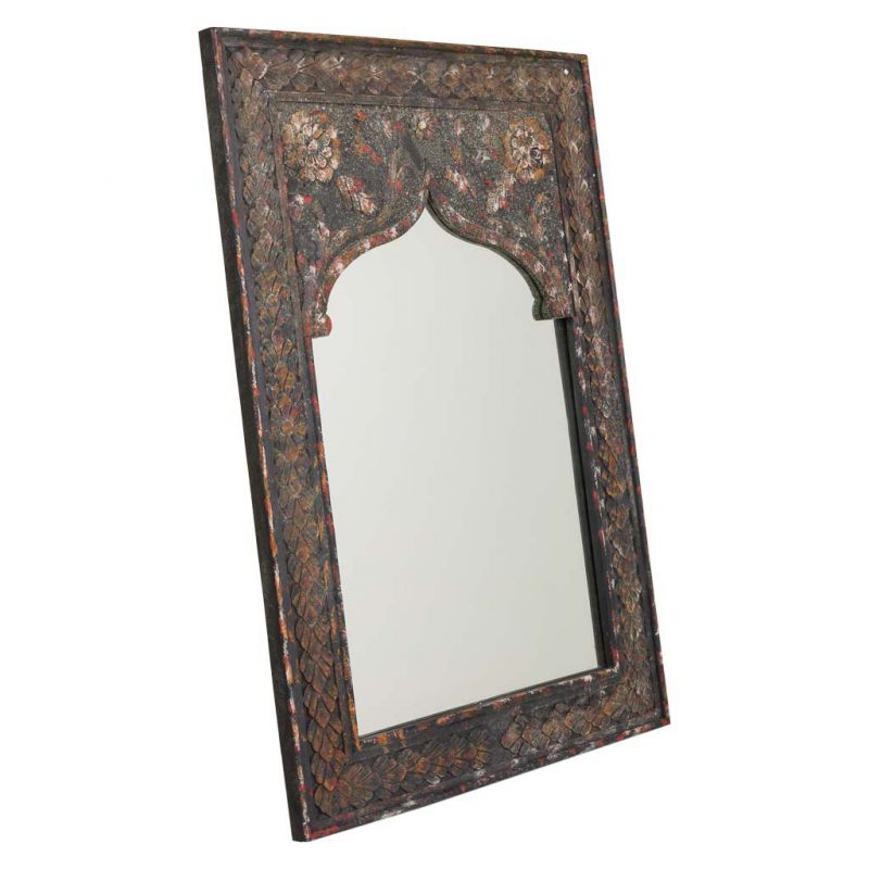 Espejo de pared rectangular de madera tallada acabado artesanal marron