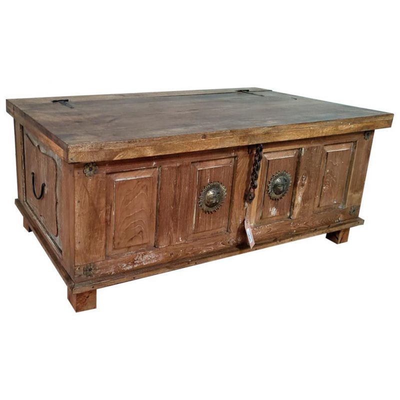 Mesa baul de madera y metalacabado artesanal marron