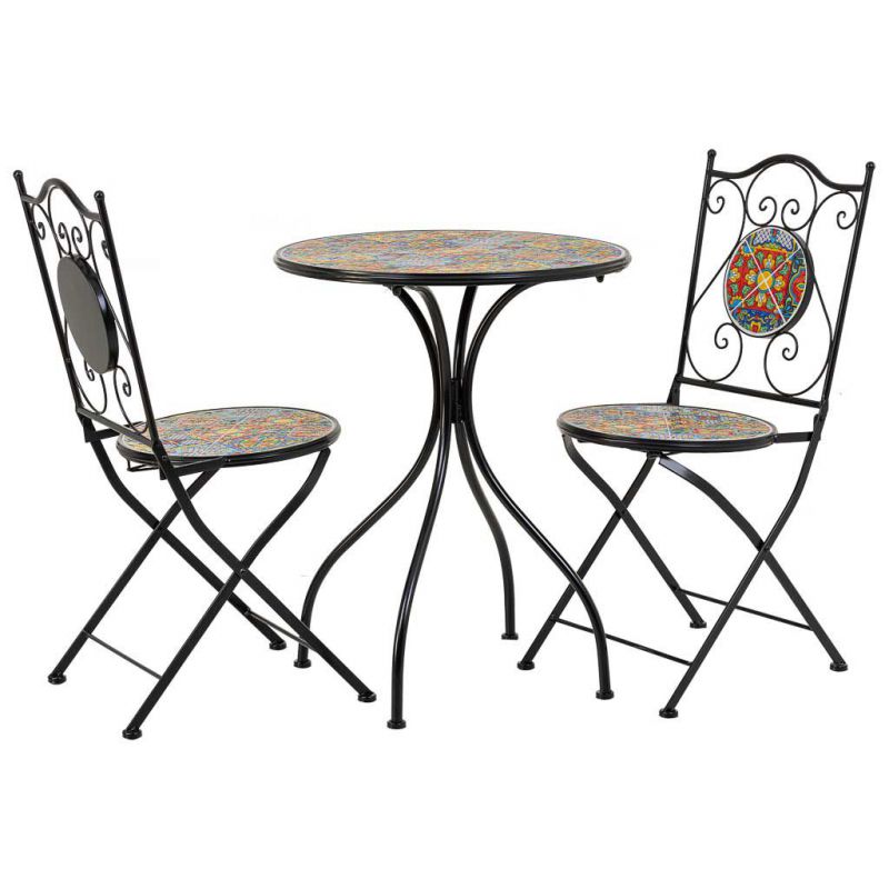 Conjunto mesa y dos sillas de mosaico y forja negro