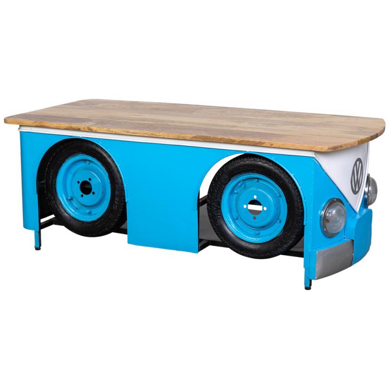 Furgoneta mesa de centro de metal y madera acabado artesanal azul