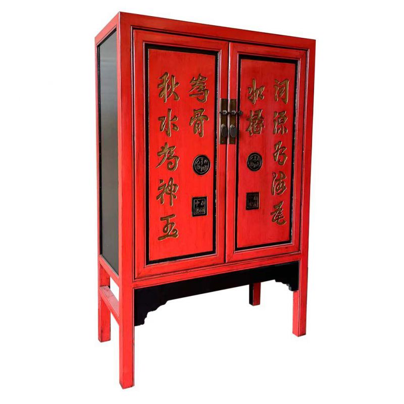 Armario de madera pintado a mano acabado artesanal de 2 puertas rojo